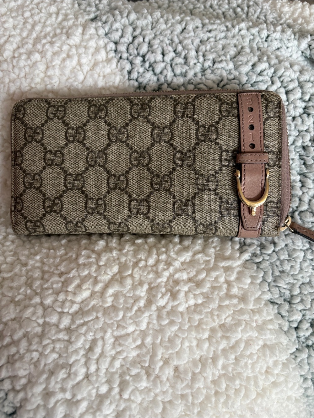 Gucci Beige Monogram Zip Wallet with Blush/Gold Horsebit Detail